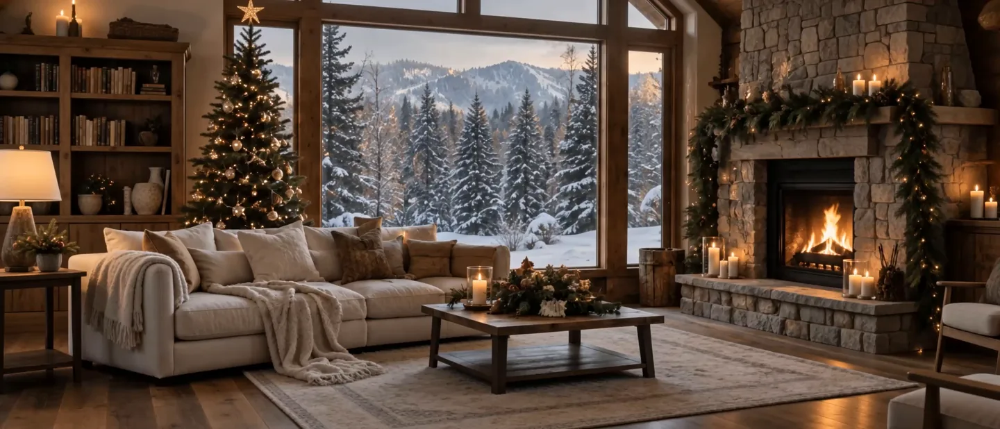 A warmly decorated Christmas cabin overlooking snowy mountains