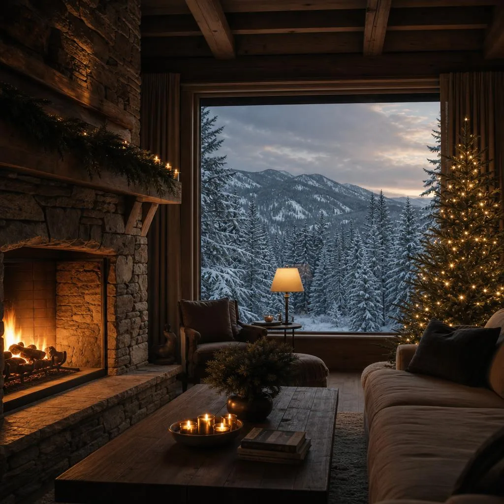 Illustration of a warmly lit cabin interior with snowy mountains and trees beyond the window.